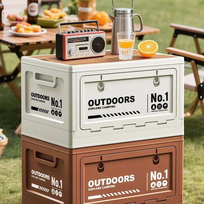 Outdoor Camping Folding Storage Box with Wood Top Side Open Car Trunk Organizer Collapsible Plastic Bin for Picnic Trip Daily