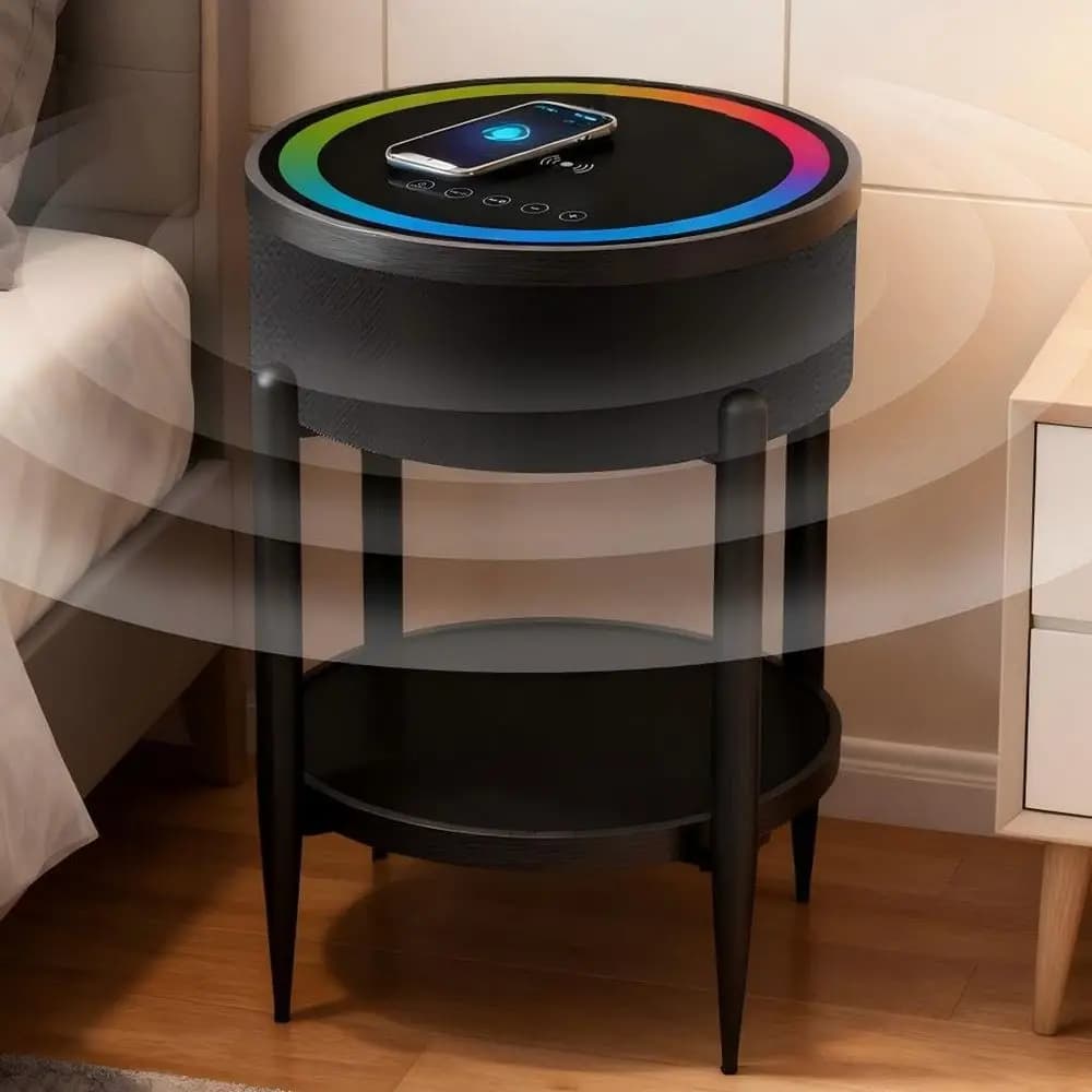 Comodino Moderno con Altoparlante Bluetooth, Caricatore Wireless, Luci RGB, Pannello in Vetro Temperato, Porte USB/Type-C/AUX, HiFi 65W