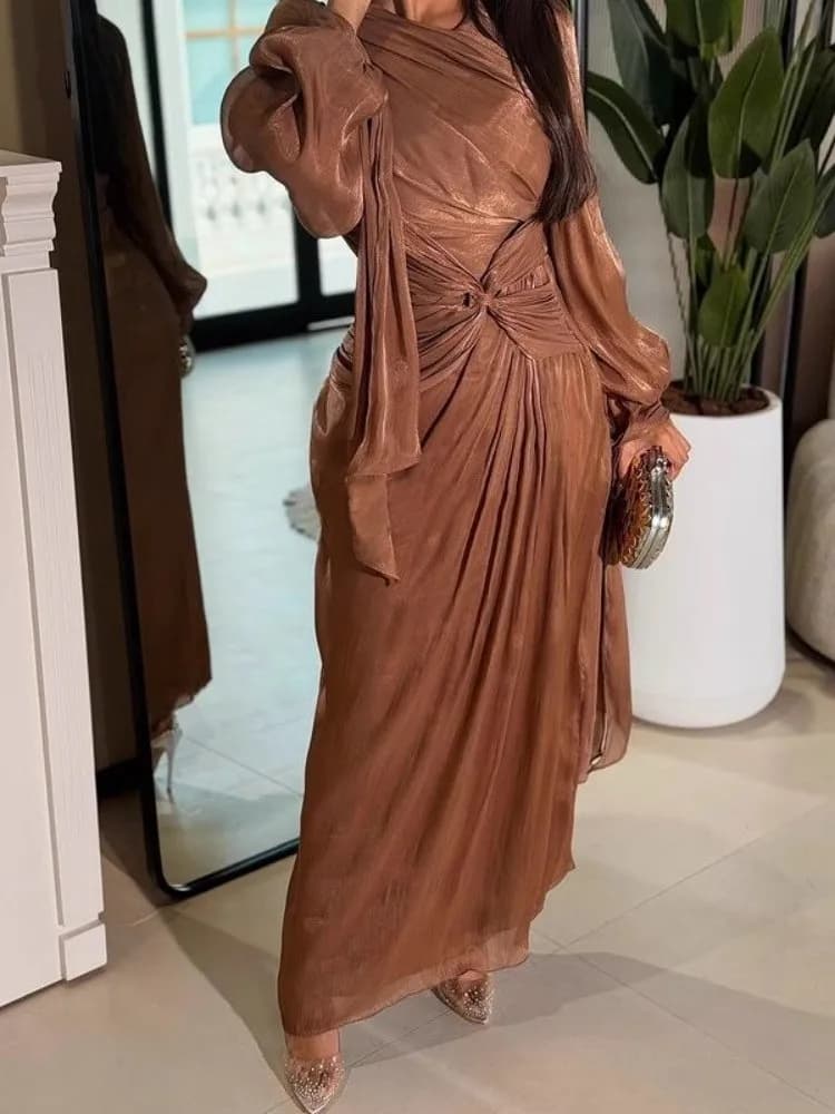 Elegante Abito da Viaggio a Maniche Lunghe per Donna, Vestito da Sera Luminoso con Fascia Brillante per Matrimoni, Cene Aziendali, Cerimonie e Celebrazioni