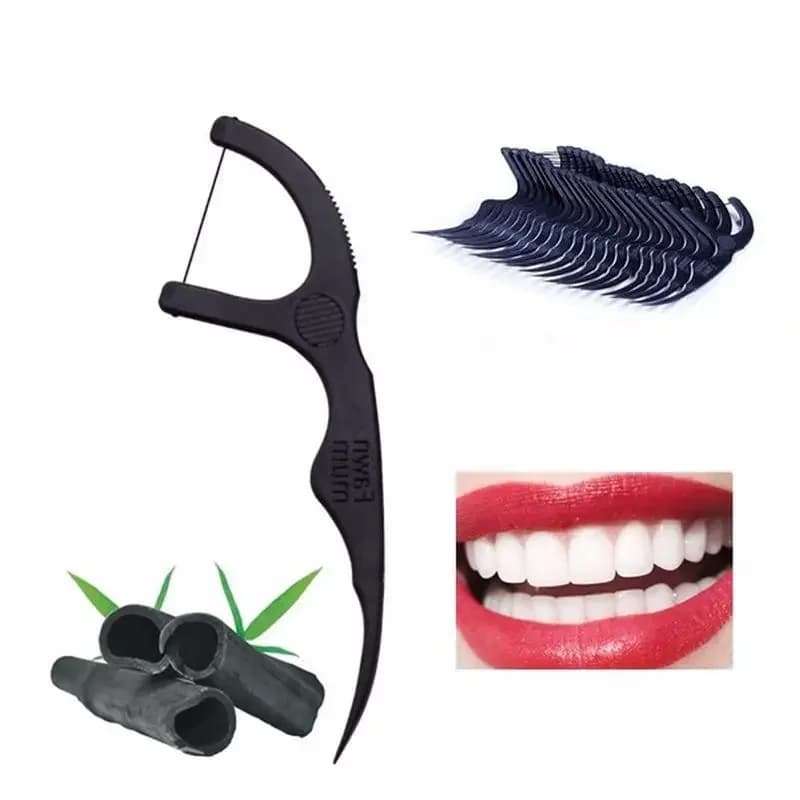50 Pcs Bamboo Charcoal Dental Floss Stick Tooth Brush Teeth Cleaning Slot Toothpick