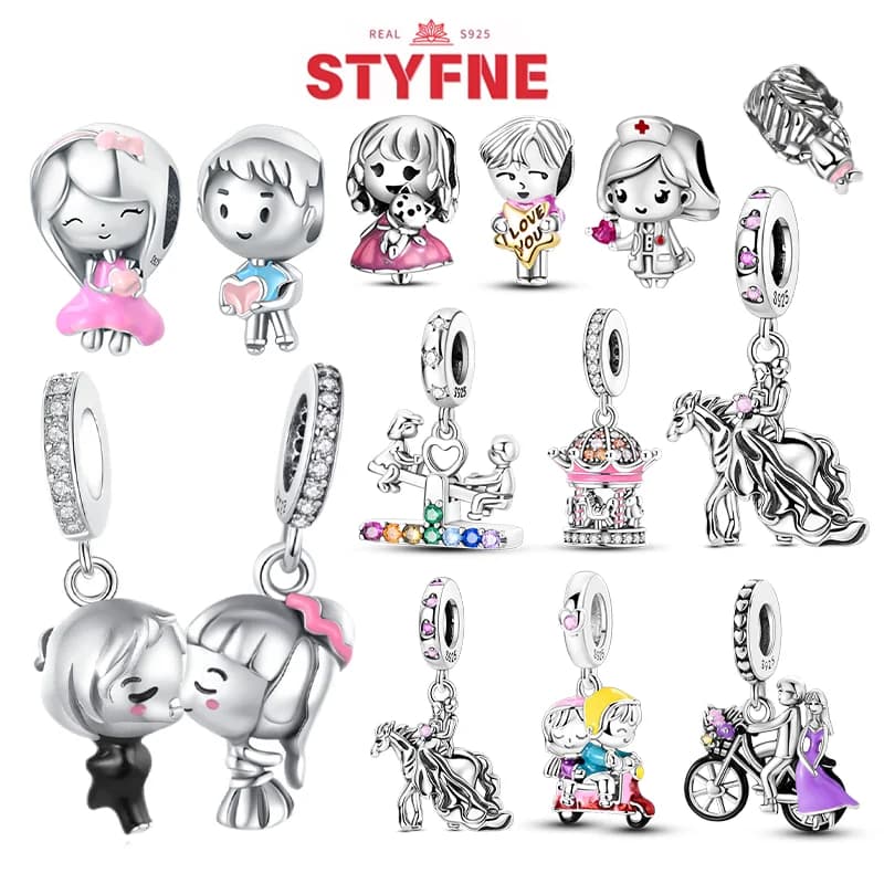 Argento sterling 925 Romantic Love Story Ragazzo e ragazza con ciondolo a forma di cuore adatto per braccialetti fai da te Boutique Coppia Regali di gioielli di fidanzamento