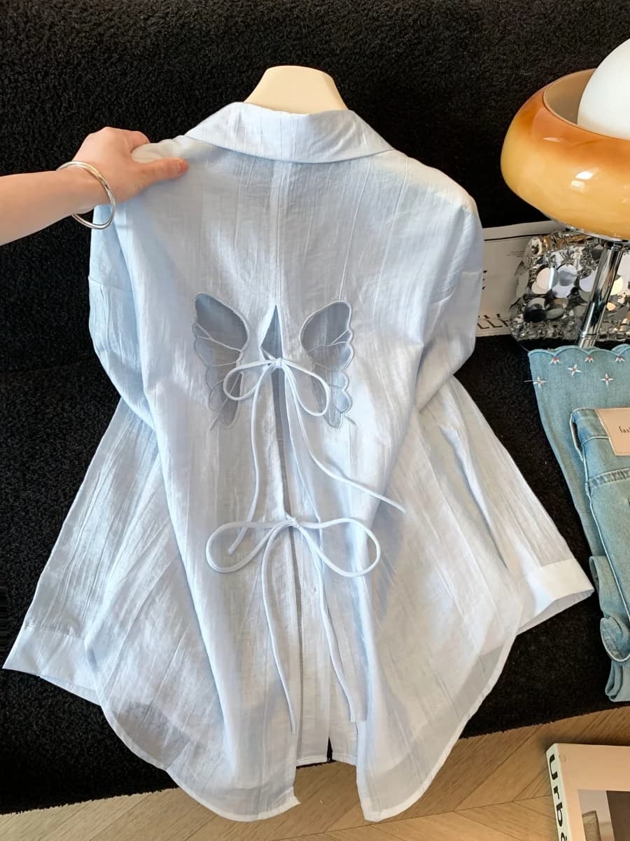 Camicia da donna coreana stile pendolare bianca a maniche lunghe, nuova collezione estiva, con cintura annodata, protezione solare, cardigan aperto, design top