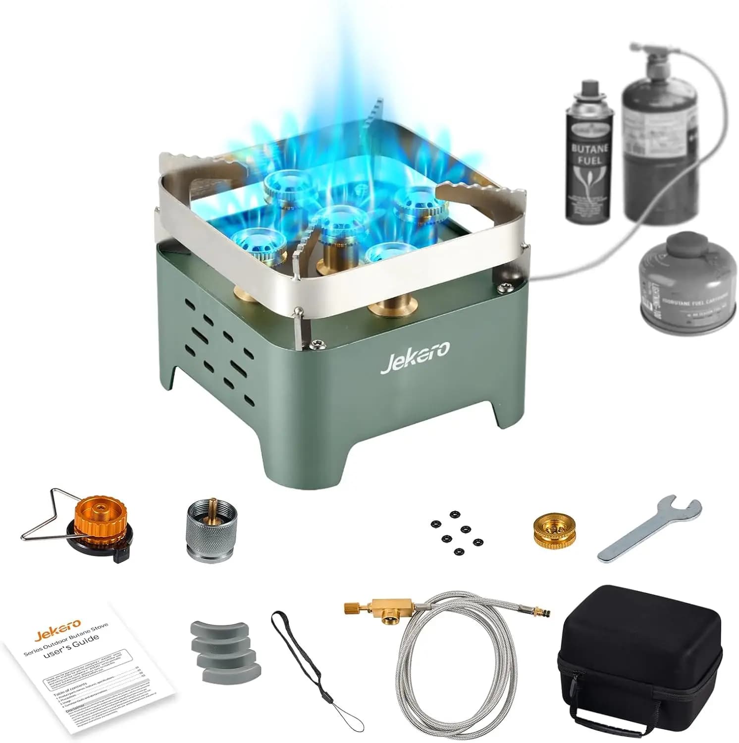 30,000 BTU portable windproof camping stove, butane propane burner with enclosure and lighter