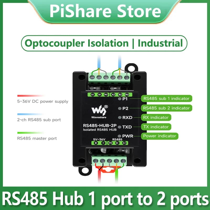 Hub repeater RS485 Isolated to 2 Vie of Industrial Grade, Mounting to DIN Guide, from One RS485 to Two RS485