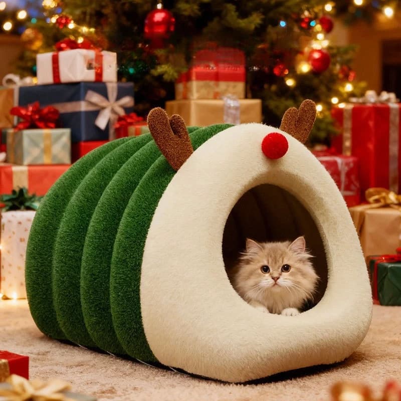Christmas Cat Litter Thickened Cat Tent Sleeping Nest Winter Security Kennel Semi-closed Cat House For Small Medium Large Breeds