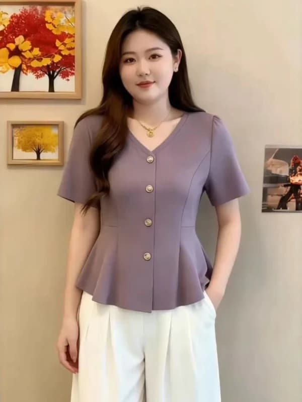 plus Size Women's V-Neck Short Sleeve T-Shirt Waist-Cinching Summer New Style Conceal Belly Slimming Fashionable Top