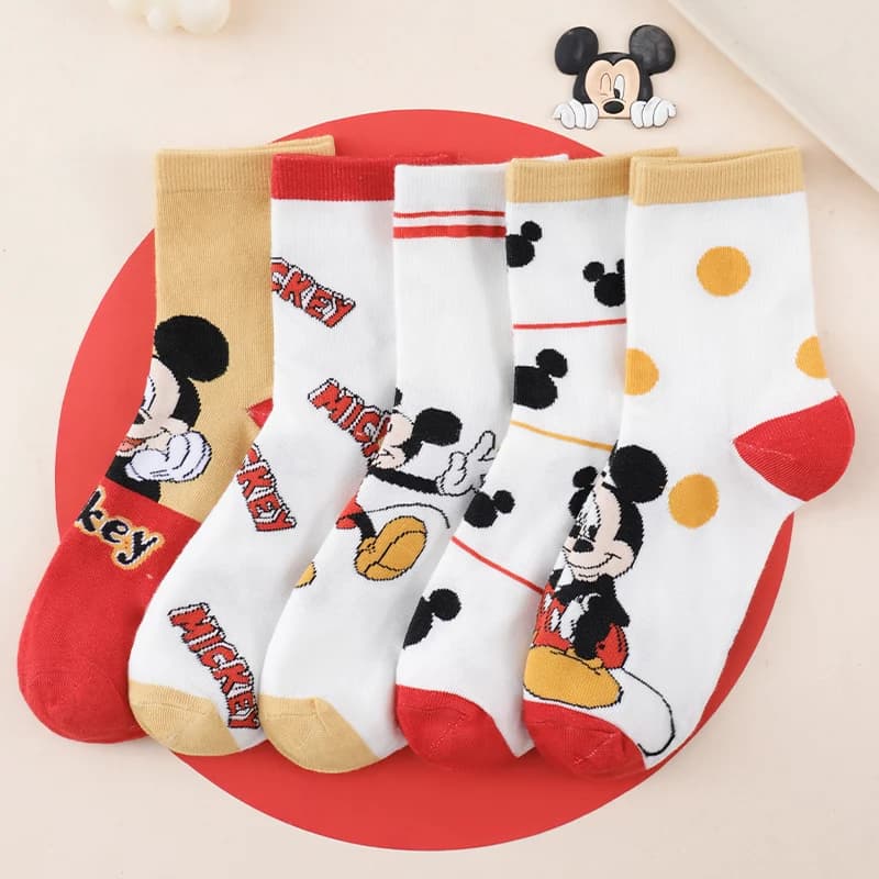 5Pairs of Disney Mickey Mouse Women's Crew Socks Fun and Cute Cartoon Printed Polka Dots and Letter Patterns Couple Casual Socks