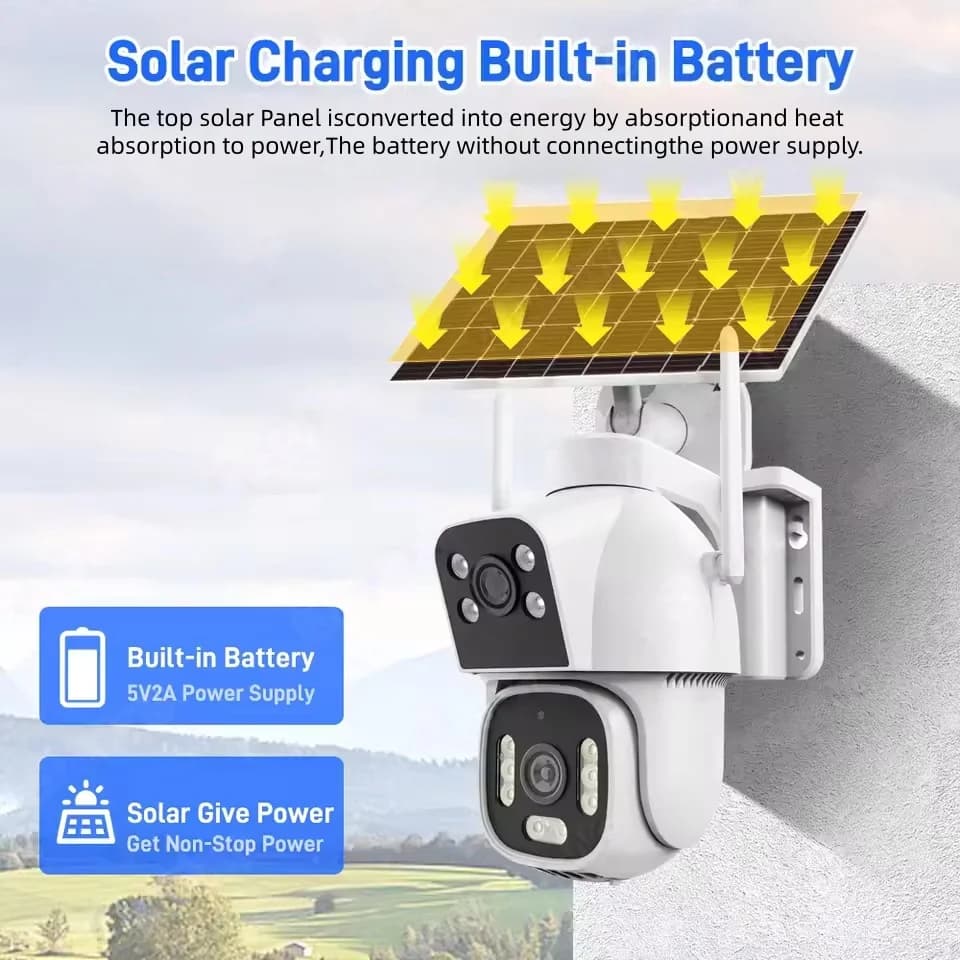 Telecamera Solare 4G con Doppia Lente per Esterni, 8MP 4K, Batteria a Basso Consumo, Visione Notturna PIR, Protezione di Sicurezza CCTV