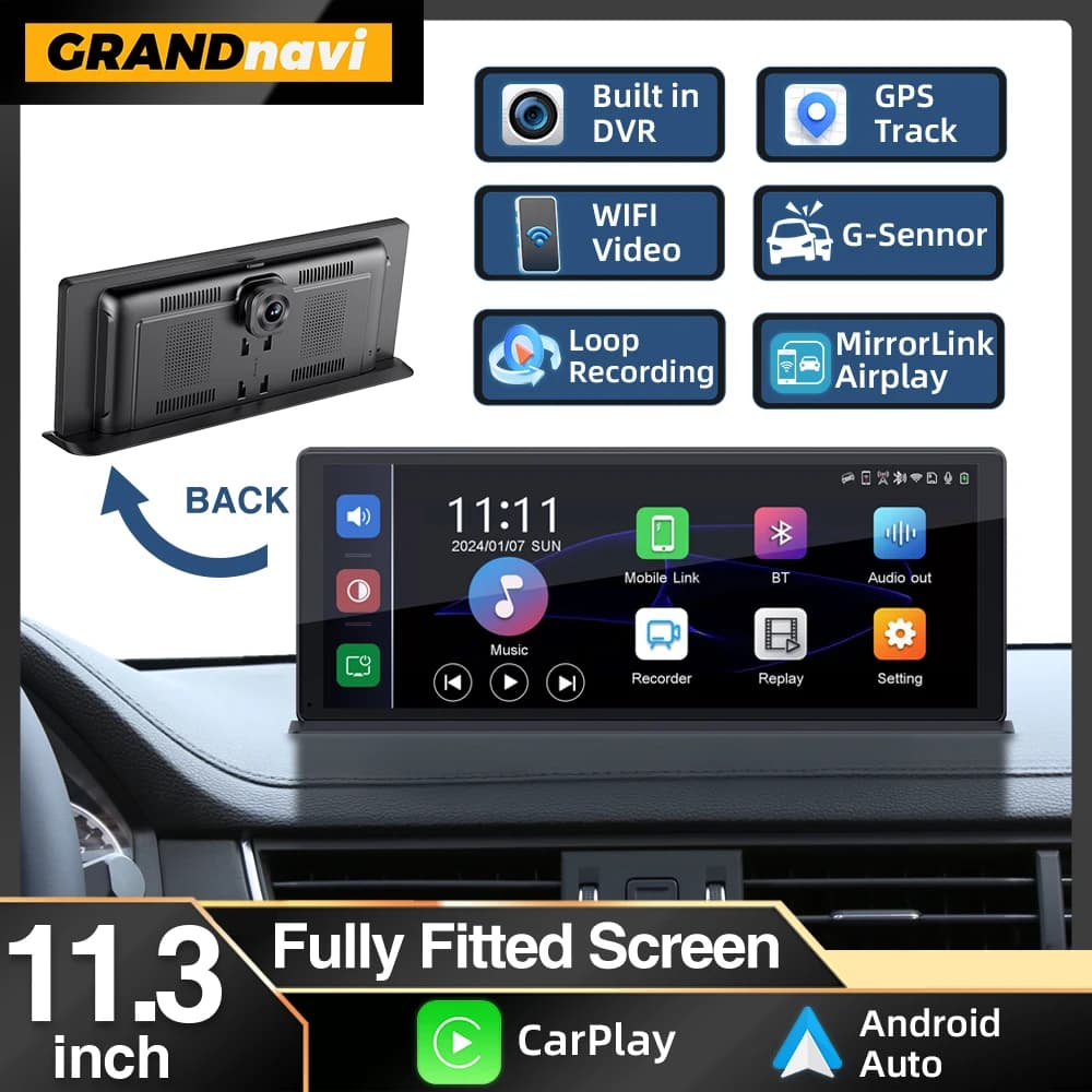 11.3 inch Auto DVR 4K Wireless Carplay Machine Android Car Touch Screen Dash Cam Dual Len GPS Video Recorder Dash