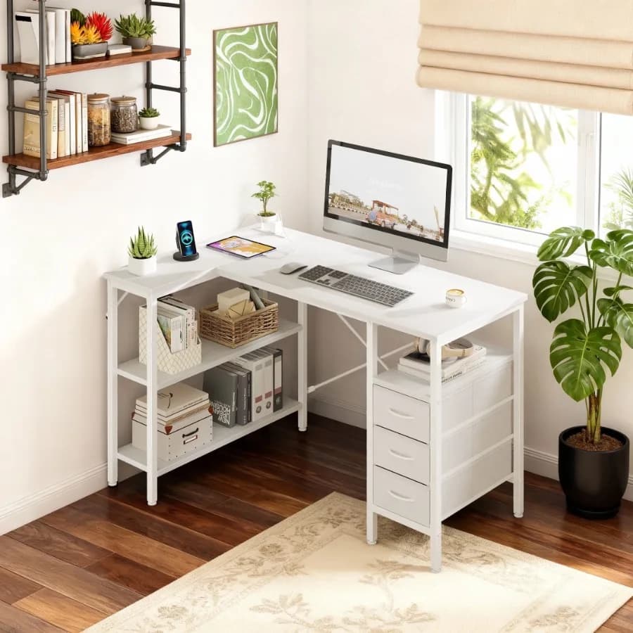 47"L Shaped Computer Desk with 3 Drawers Power Outlets USB Ports and Monitor Stand Corner Gaming Desk for Home Office White