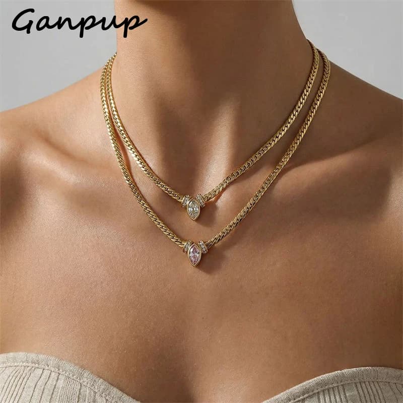 GANPUP 316L Stainless Steel Sparkling Cubic Zirconia Necklace For Women Chic Jewelry New Collar Women Neck Chain Party Gift