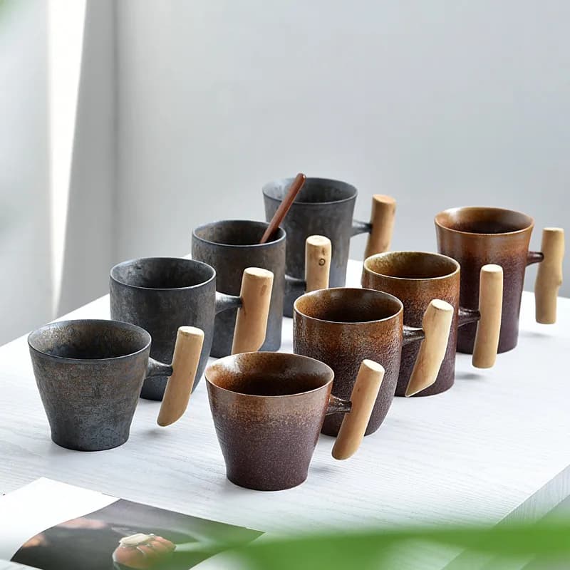 Bicchiere da caffè in ceramica vintage in stile giapponese, smalto antiruggine, tè, latte, birra, con manico in legno, tazza d'acqua, bicchieri per ufficio domestico
