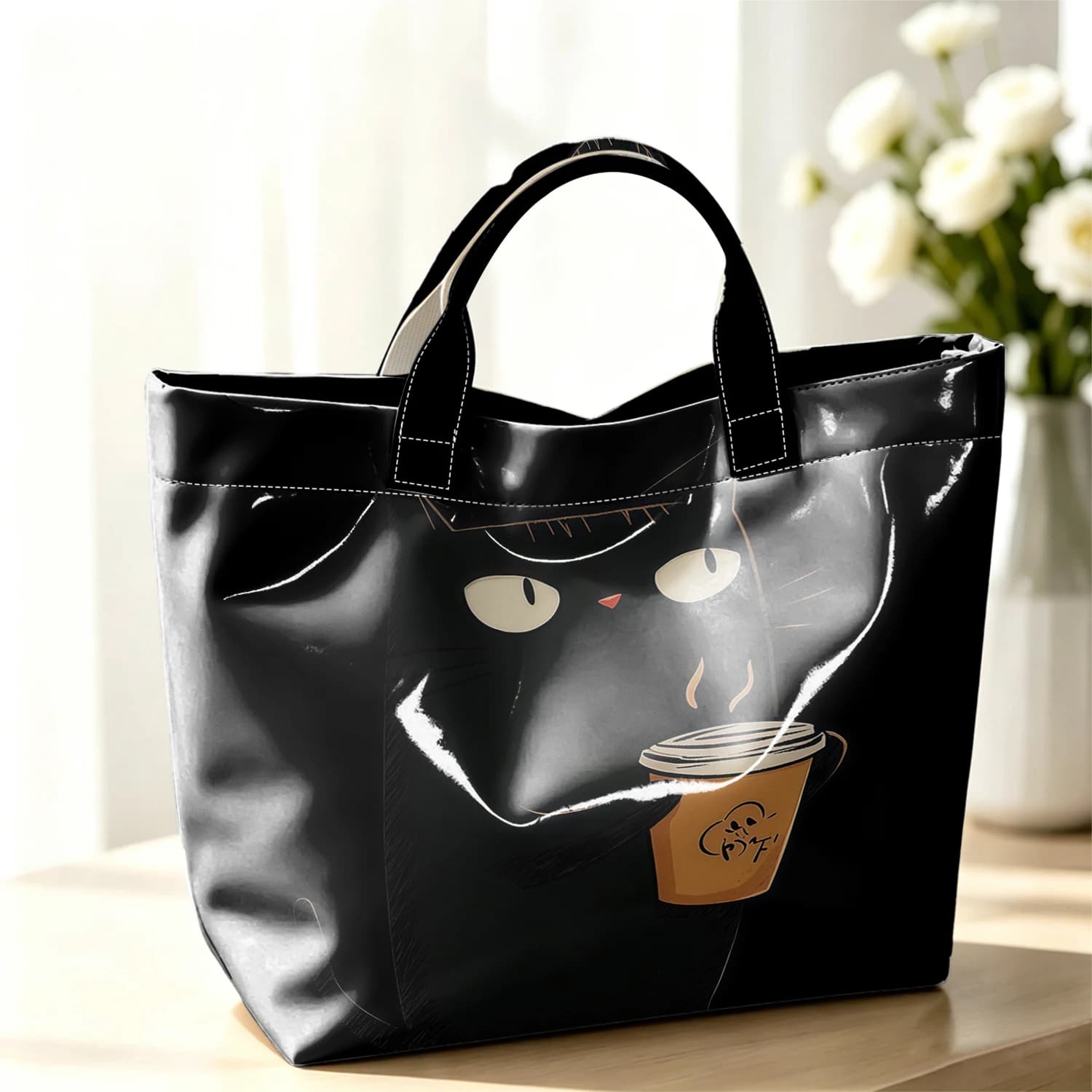 Coffee Black Cat Fashion Large Glossy PVC Tote Bag Hand Washable Waterproof Perfect Travel Commute Cosmetic Storage Shopper