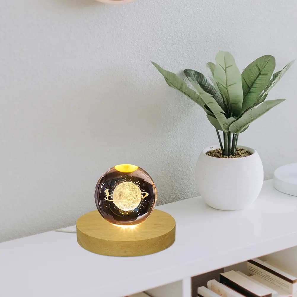 2 Pezzi Piccola Luce Notturna con Base in Legno, Supporto per Display LED, Ricarica USB, Porta Sfera di Cristallo per Arredamento Casa e Soggiorno