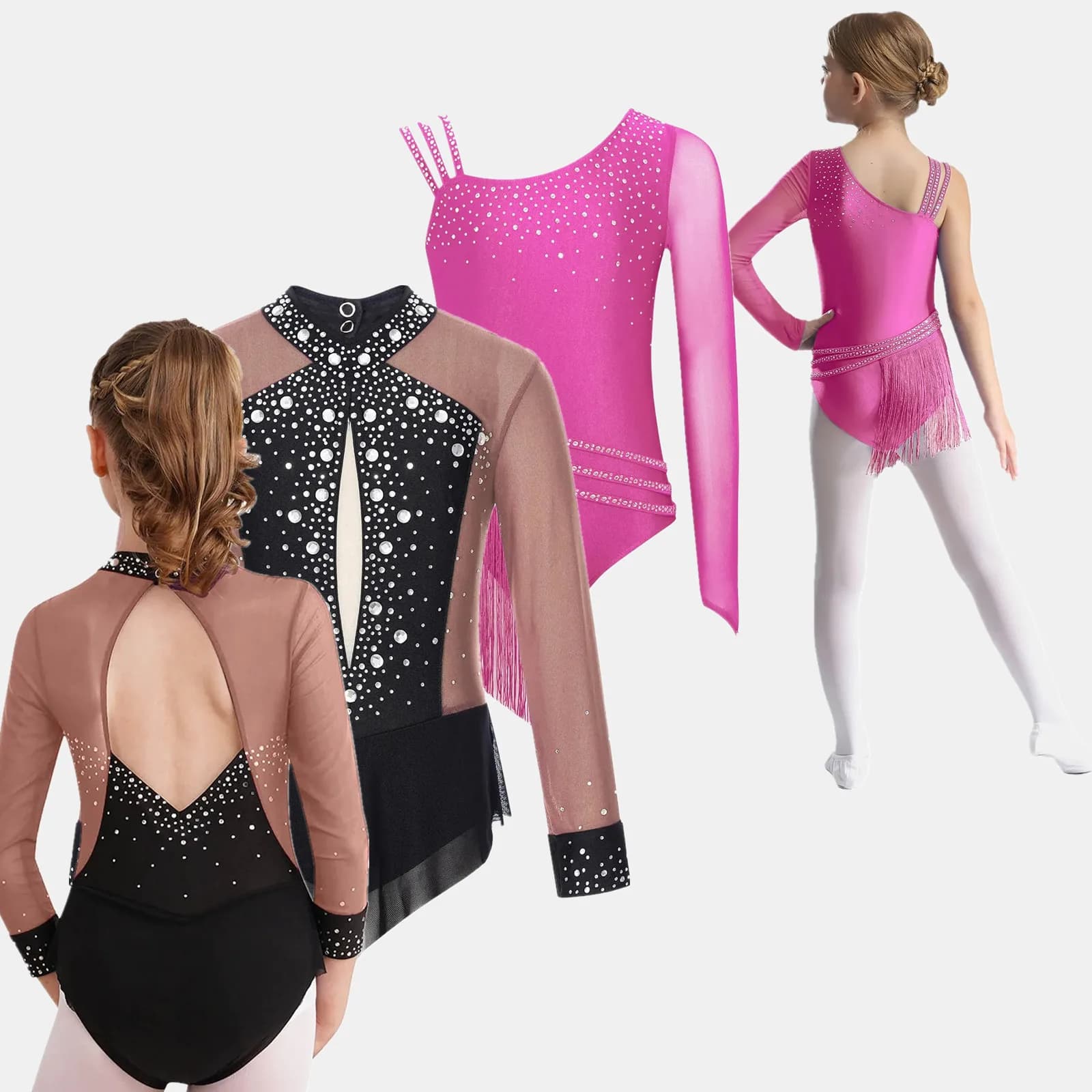 Body da ginnastica per bambina con strass scintillanti, body da ginnastica, pattinaggio di figura, maglia da balletto, costume da ballo, body con gonna con nappe