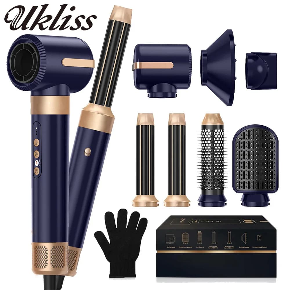 UKLISS Hairdresser brush 7 in 1, set air styler with curling iron, round brush, woman's plate