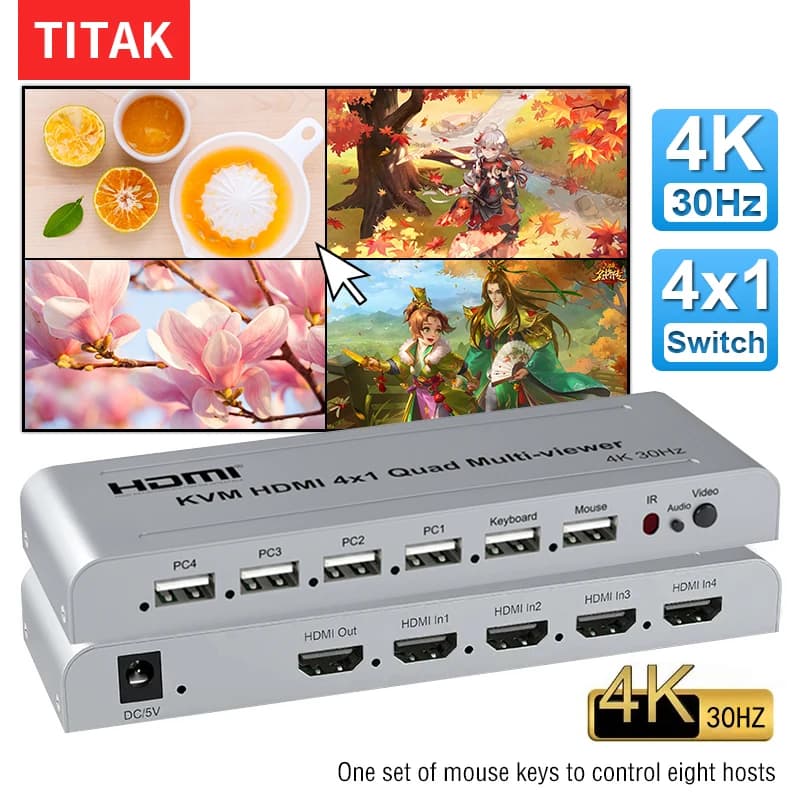 KVM HDMI Quad Splitter Screen Multiviewer 4x1 4k Multivisor HDMI KVM Quad 4x1 Seamless Segmentacion Switch For USB Keyboard
