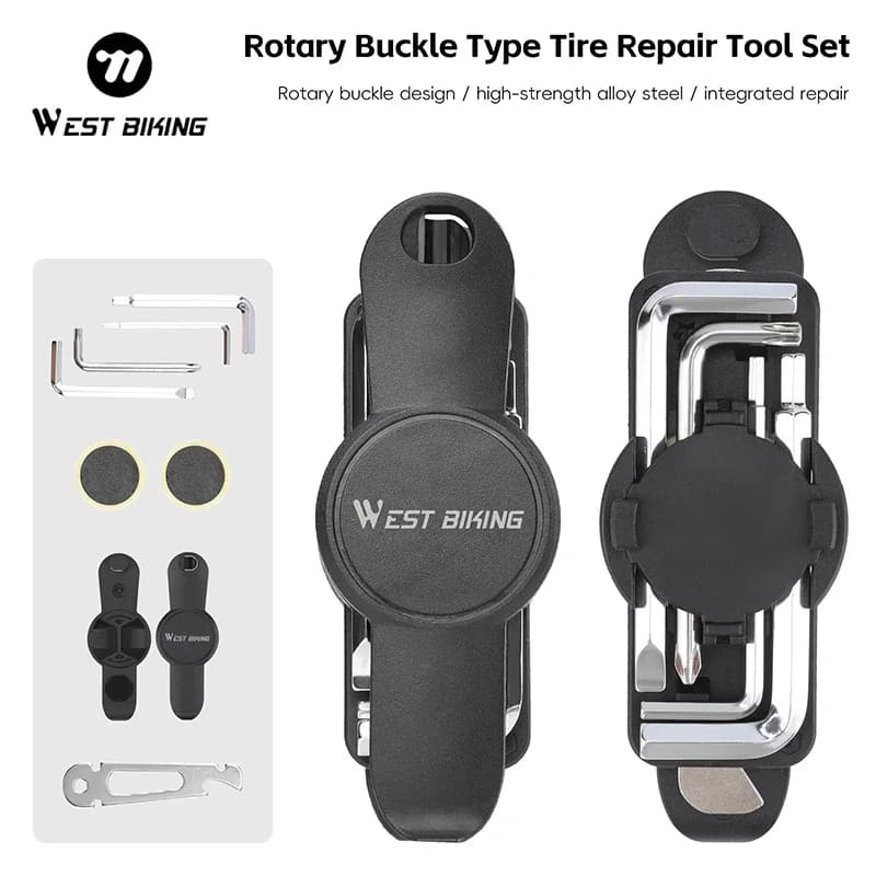 WEST BIKING Strumenti portatili per la riparazione di pneumatici per biciclette Tipo di fibbia rotante Set di strumenti per la riparazione di pneumatici con accessori per bici patch di riparazione pneumatici