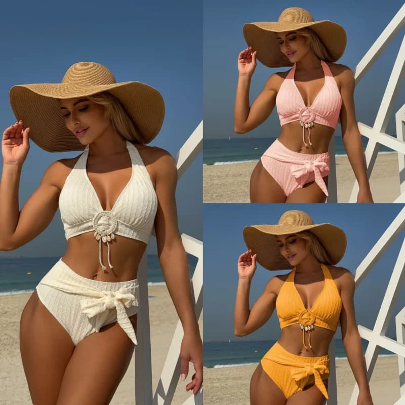 New fresh and stylish shell beach special fabric high-waisted two-piece swimsuit