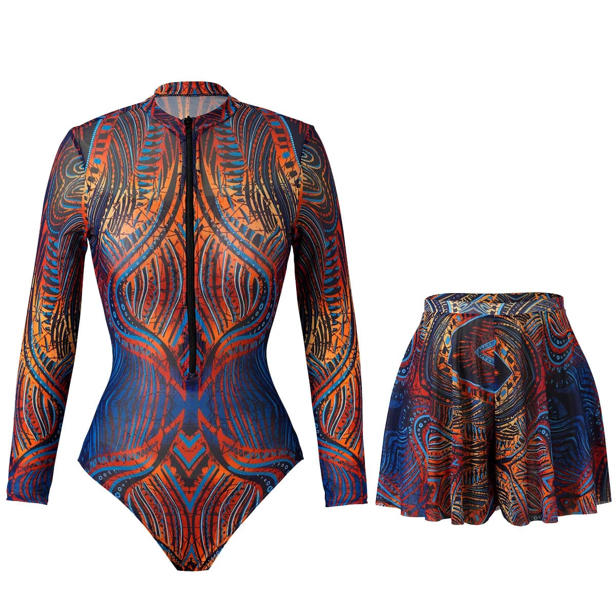 Costume da bagno in rete 2025 con maniche lunghe Costume da bagno intero snellente sexy con gonna e pantaloni lunghi Body Abiti da spiaggia intelligenti