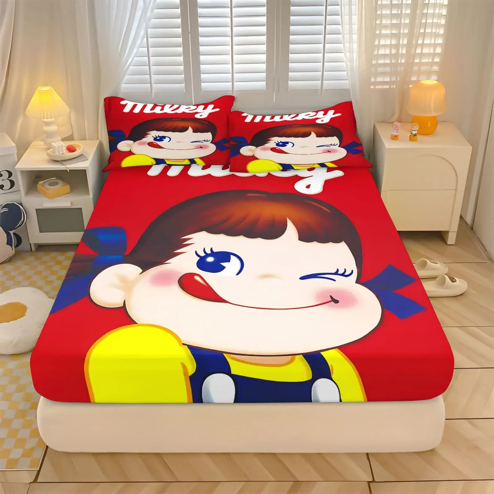 Fujiya Milky Peko Chan 3pcs Fitted Sheet Set Cute Cartoon Girl Print Soft Breathable Bedroom Bedding for Single Double Bed