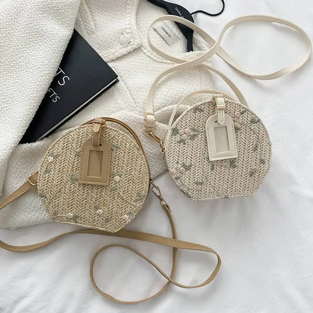 Girls Round Small Shoulder Bags Crossbody Bags Straw Bag Handbag