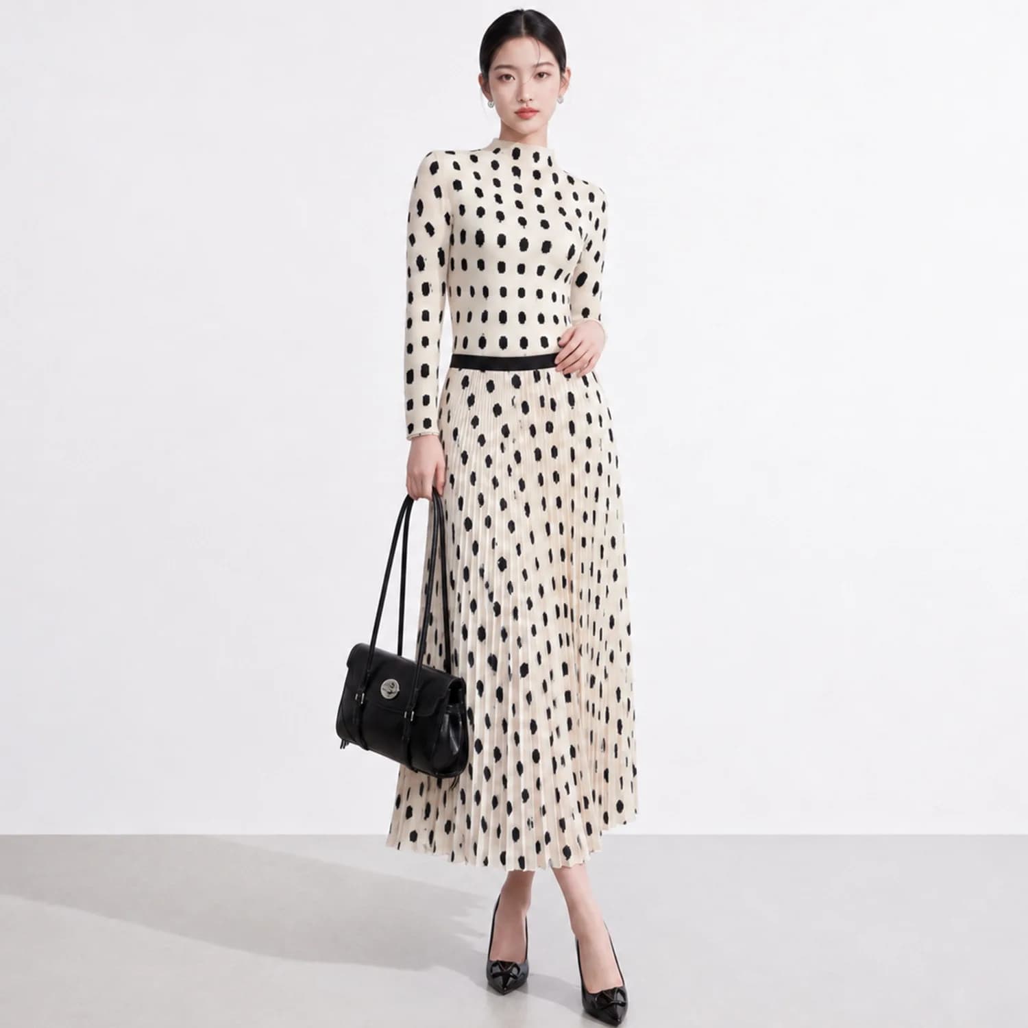 Autumn-Winter Miyake Folds Point Elastic Pleated Set: Semi-High Neck Long-Sleeve Top + Pencil Skirt Two-Piece Women's Ensemble