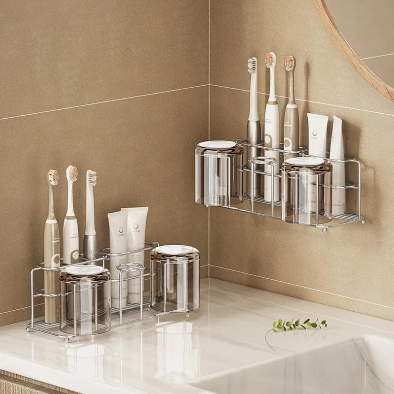 Portaspazzolini in Acciaio Inox 304, Organizzatore da Bagno a Parete Senza Foratura per Conservazione di Dentifricio e Bicchieri per Collutorio
