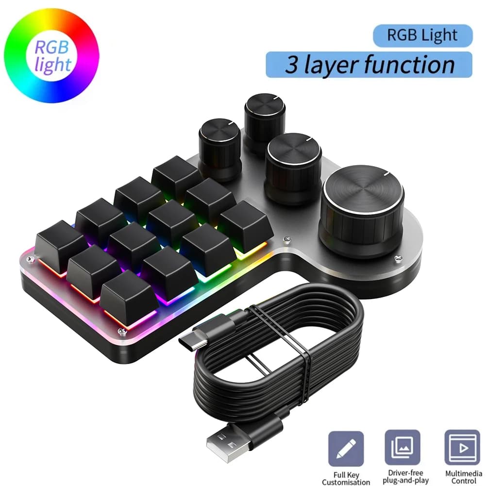 Tastiera Meccanica da Gaming con 12 Tasti e 4 Manopole, Hot-Swap, USB/Bluetooth, Pulsante Mini per Copia e Incollaggio, per Controllo Industriale