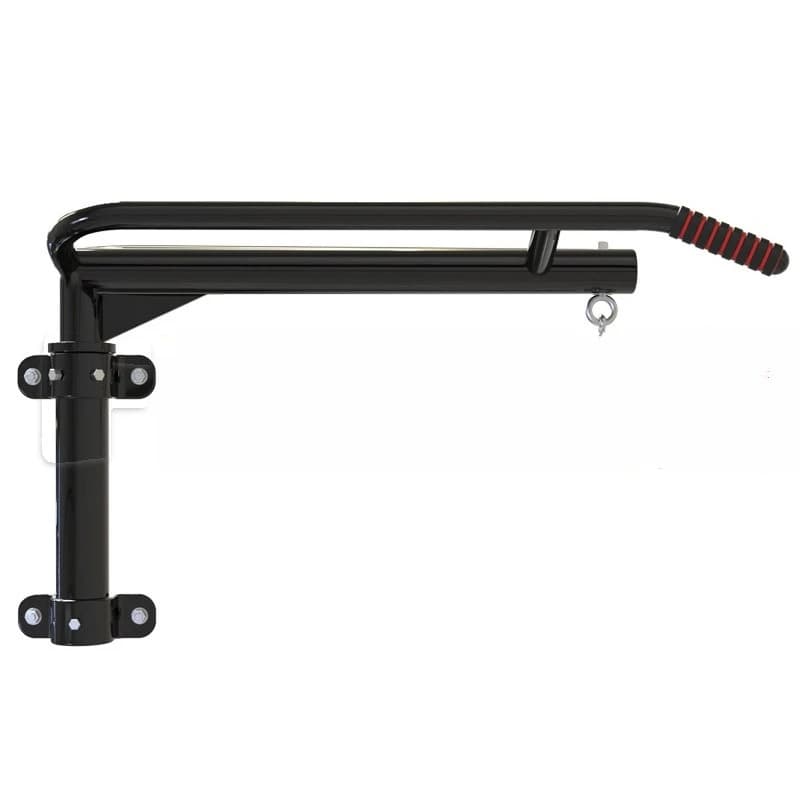Sand bag holder with swivel closure, horizontal pull-up bar, wall holders for sand sack, folding storage space