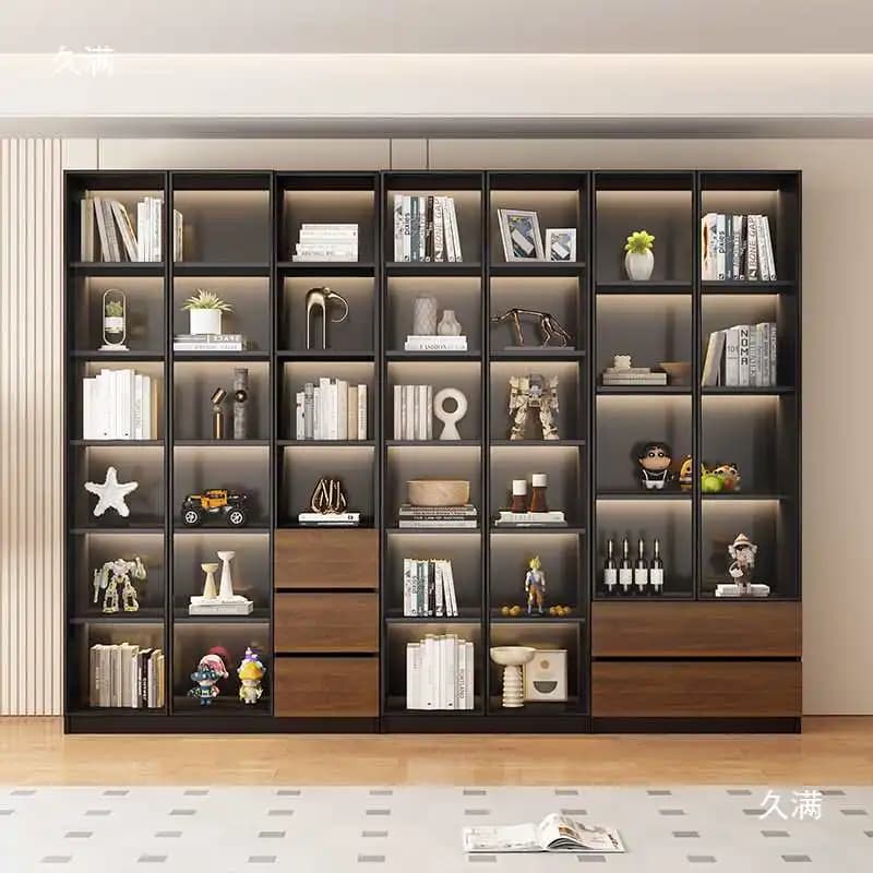 Libreria in Legno Stile Medievale con Ante in Vetro, Mobile Contenitore per Soggiorno, Cantinetta Vini, Vetrina per Statuette, Libreria con Cassetti, Arredamento