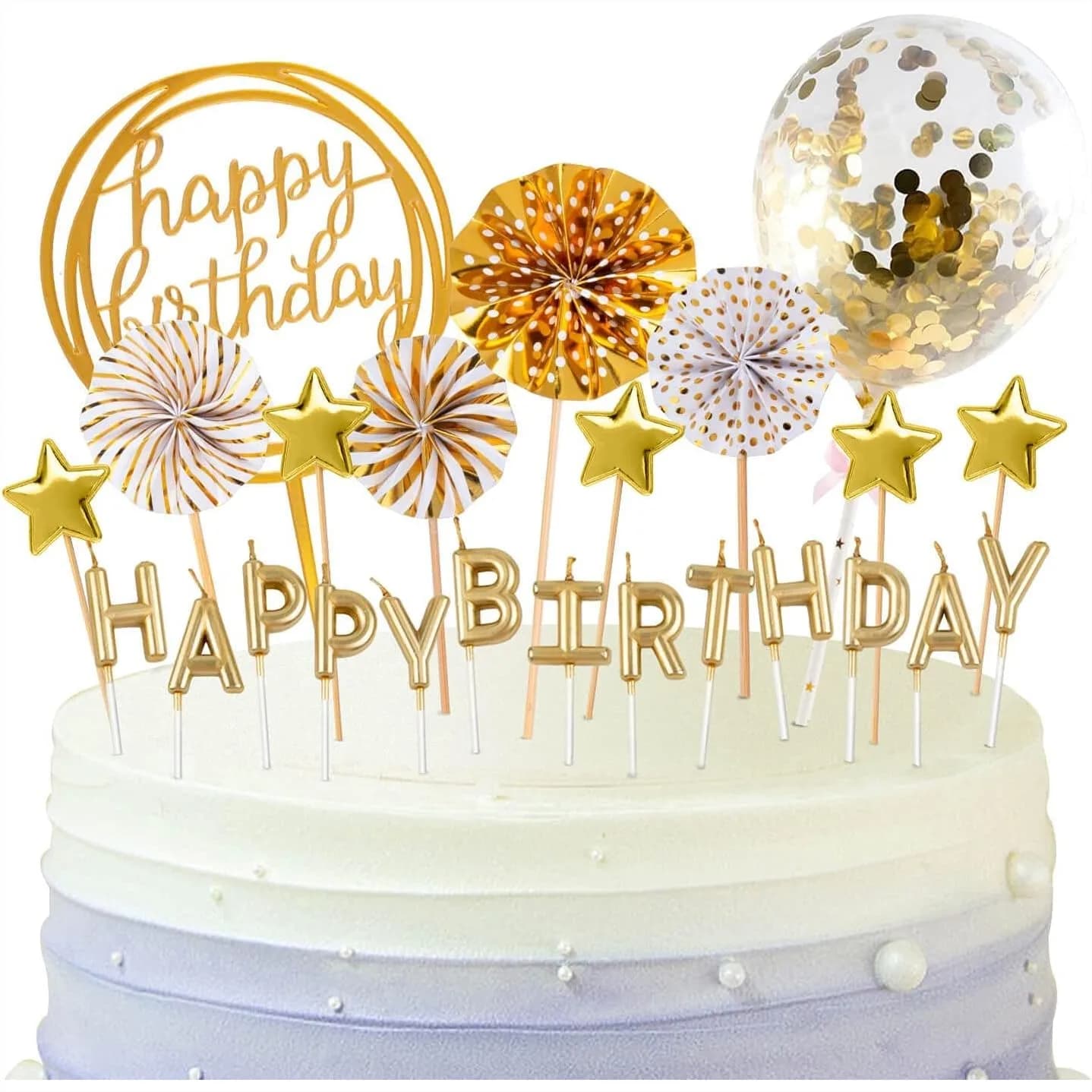 Gold Birthday Candles Set with Cake Topper Confetti Balloon Stars Fan Cupcake Toppers 12 Pieces for Party Celebration