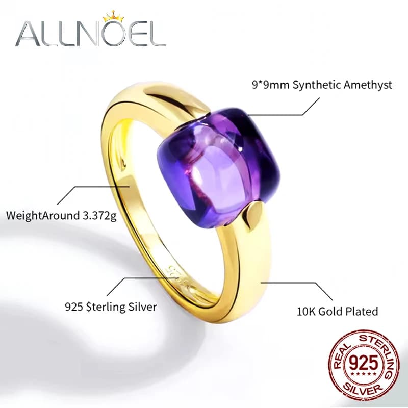 ALLNOEL 925 Sterling Silver 10K Gold Plated Colored crystal Square Ring For Women Luxury Inlaid Gemstone Party Jewelry Gift