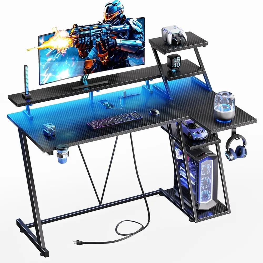 40-inch L Gaming Desk with LED Lights, Current Grips, Storage Pads and Black Carbon Fiber Reversible Monitor Support