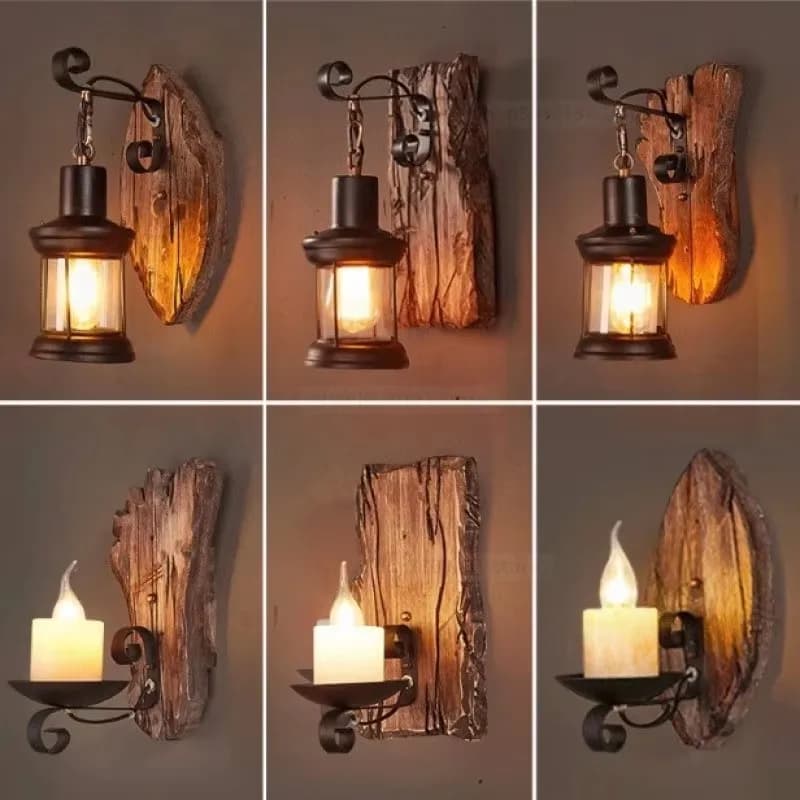 Lampade da parete in legno nordico in ferro battuto Lampade da parete creative retrò a LED per l'illuminazione della decorazione del soggiorno del ristorante del bar di casa