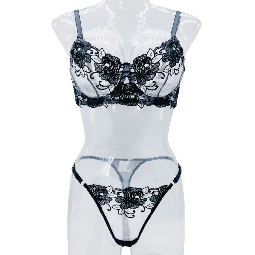 New Set of Romantic Sexy Lingerie for Valentine's Day, Transparent Bra with Floral Embroidery, Seductive Erotic Clothing for Women