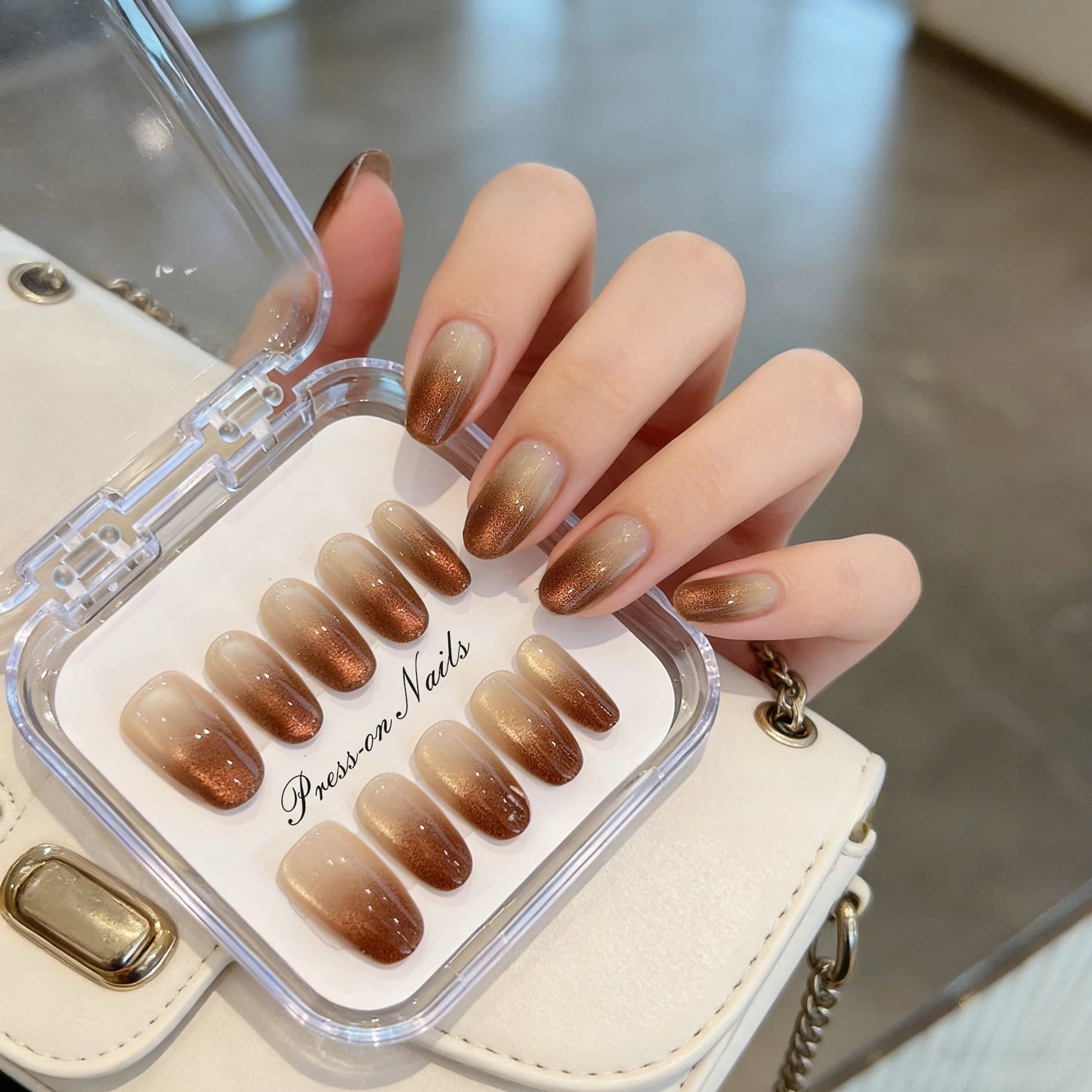 Handmade Press on Nails Pink Short Hand Paint Design Reusable Adhesive False Nails Acrylic with storage boxFull Cover Nail Tips