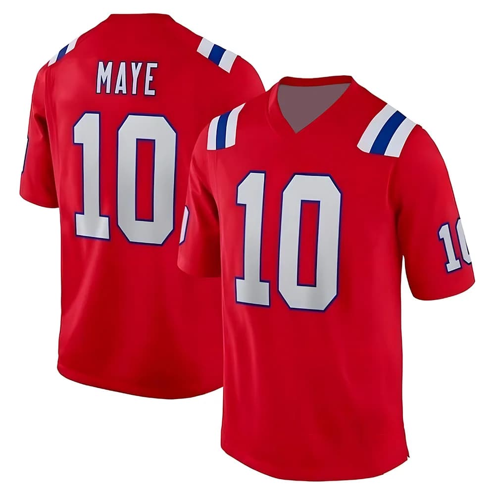 Drake Maye # 10 Maglie da calcio rosse da uomo e da donna, magliette da gioco, abbigliamento sportivo unisex, regalo alla moda per i tifosi, t-shirt, tuta