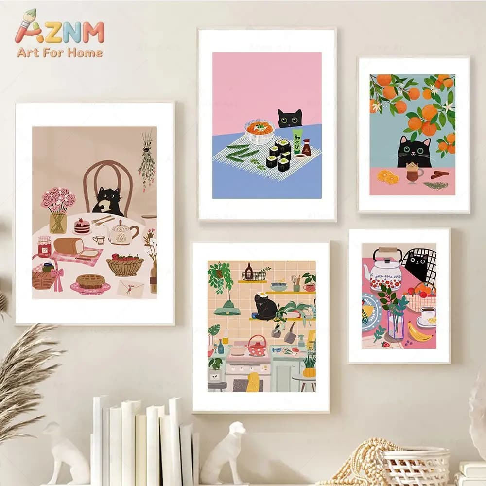 AZNM Cute Black Cat Kitchen Canvas Wall Art Food Fruit Sushi Tea Time Colorful Illustration Print Frameless Canvas Painting Dini