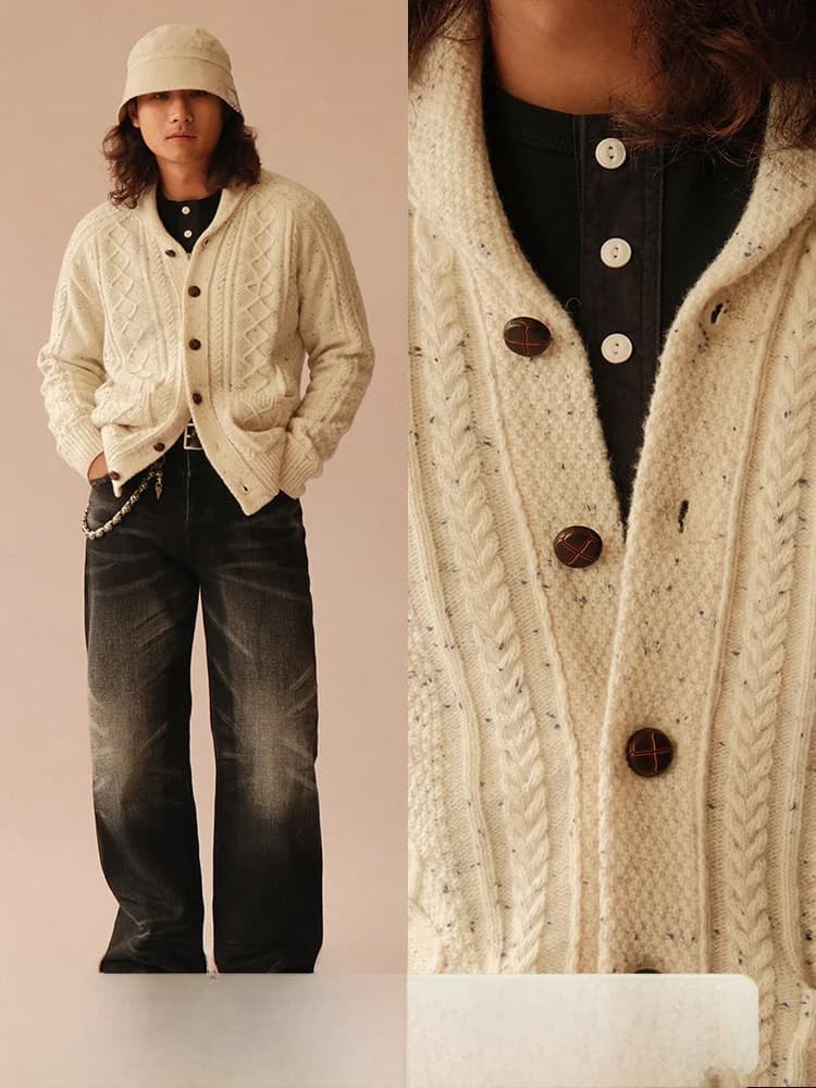 Maglione Vintage a 7 Aghi in Misto Lana Rosso Ivy, Lavorazione a Maglia Stretta, Casual, Maniche Lunghe, Abbottonatura Frontale, Morbido e Caldo, Moda Uomo
