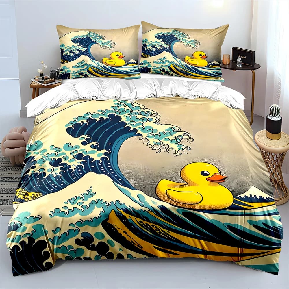 Set di biancheria da letto con stampa di anatre gialle in gomma su onde di Kanagawa, 1 copripiumino, 2 federe per adulti e bambini, regalo di lusso, misura completa