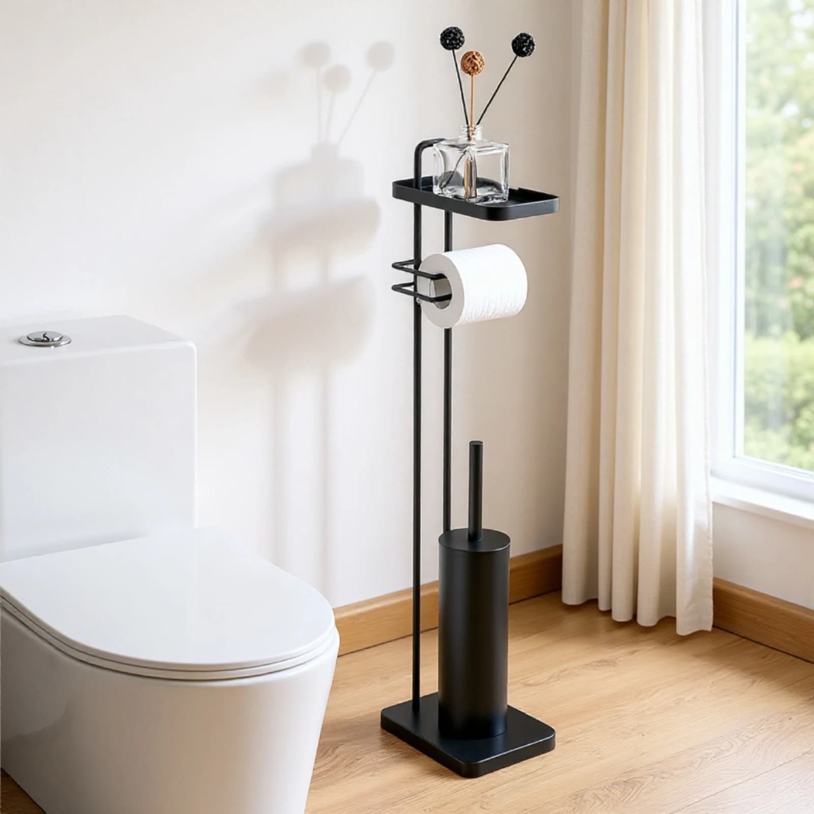 Bathroom Tissue Stand with Brush Holder Stainless Steel Toilet Brush Holder Rack Freestanding Tissue Rack Easy to Assemble