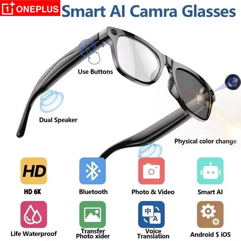 Occhiali Intelligenti OnePlus con Fotocamera 6K HD per Scattare Foto e Video, Lenti a Colori Variabili, Batteria da 260mAh