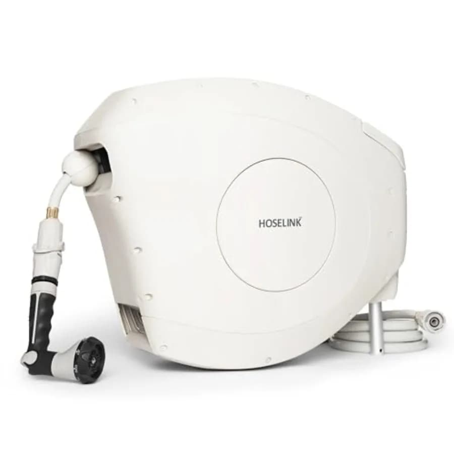 Avvolgitubo da Giardino Automatico Retrattile Classico Beige da 25 Metri ad Alto Flusso con Ugello a 8 Punti a Spruzzo da 9/16 Pollici, Tubo Anti-UV e Anti-Piega