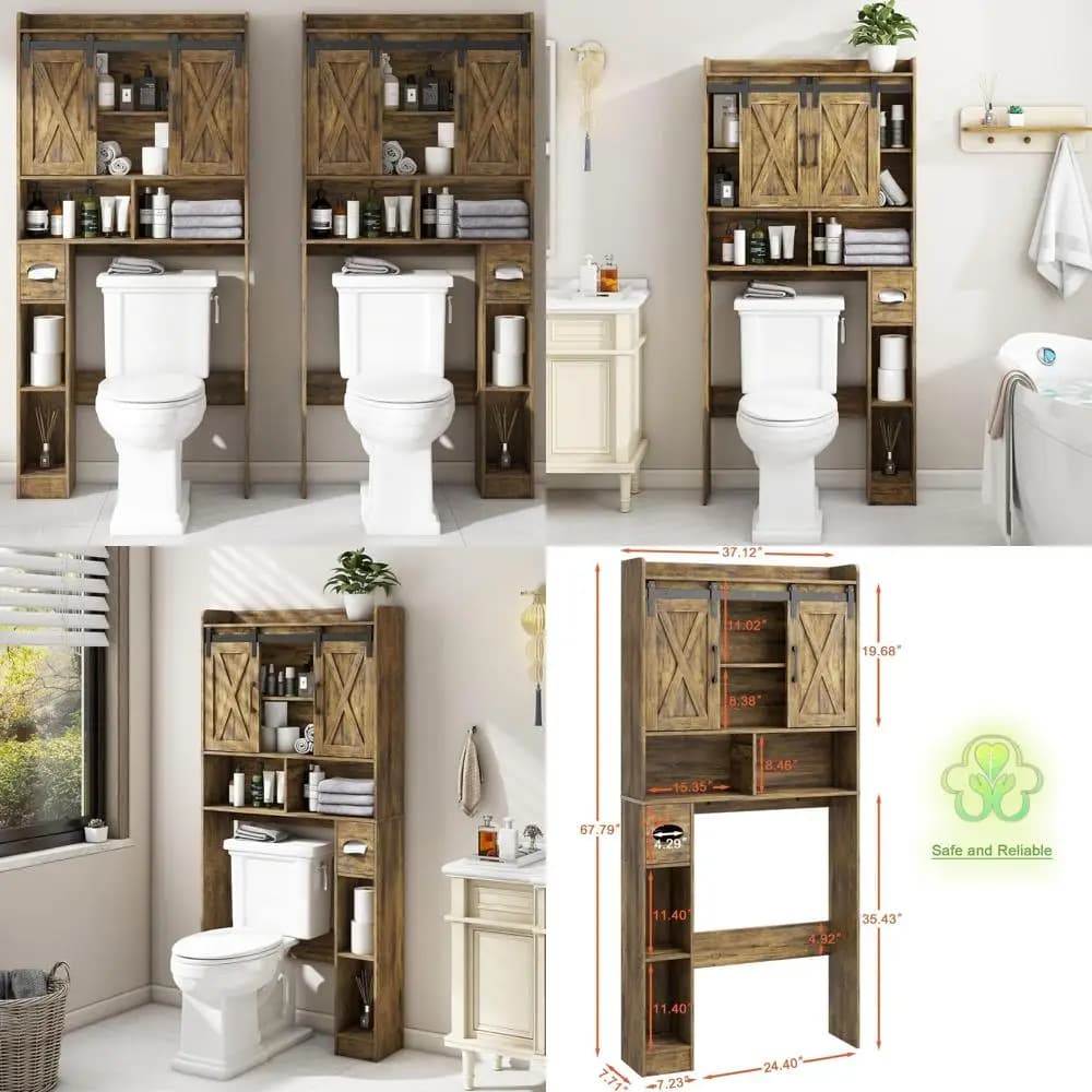 Mobiletto Stile Rustico da Posizionare Sopra il WC con Ante Scorrevoli e Portarotolo per un Bagno Organizzato e Salvaspazio