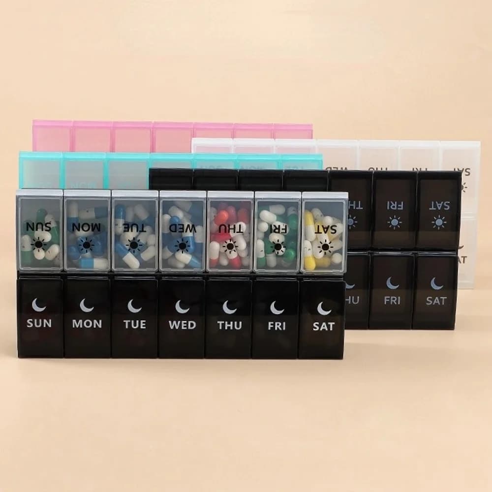 New Weekly Premium Portable Container for Pills, Organizer with 14 Parties for 7 Days, Two Times per Day, for Vitamins, Medicines, Fish Oils