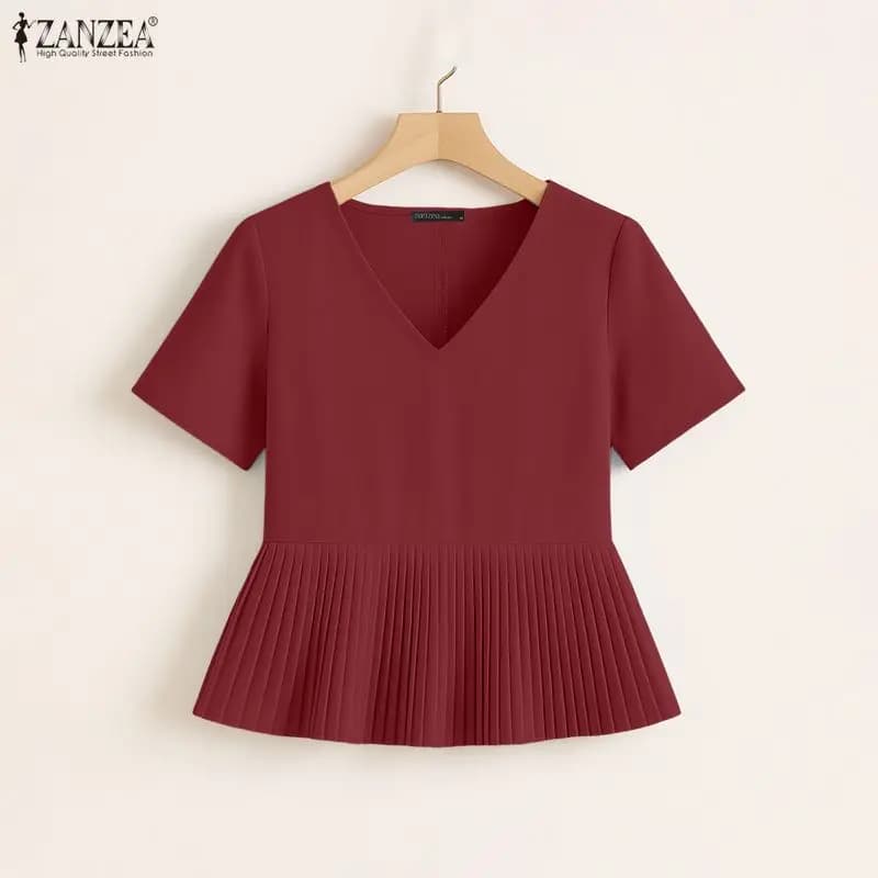 Woman Summer Casual Short Sleeve Blouses V-Neck Pleated Hem Patchwork Solid Color T-Shirts ZANZEA Lightweight Blusas de Mujer