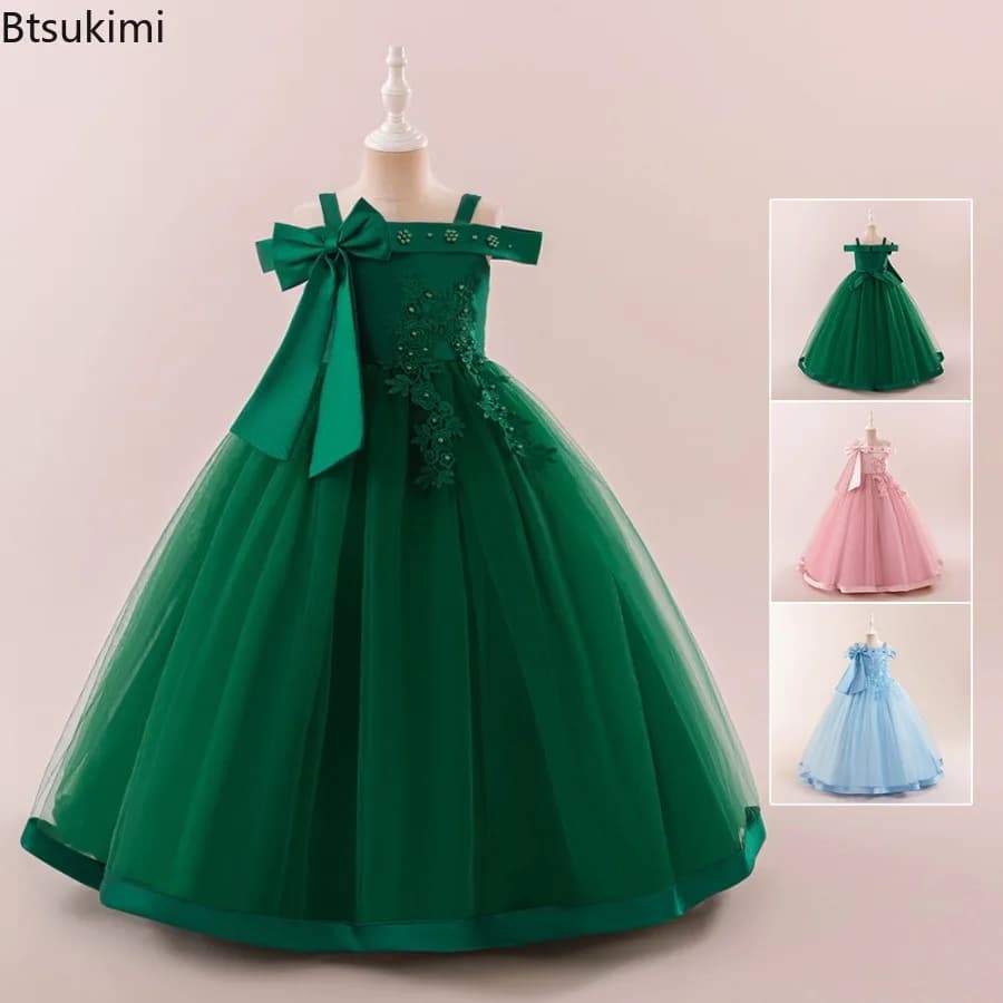 Elegant Bridesmaid Party Girls Dresses Flower Big Bow White Wedding Princess Dress for Kids Gala Birthday Prom Christmas Costume