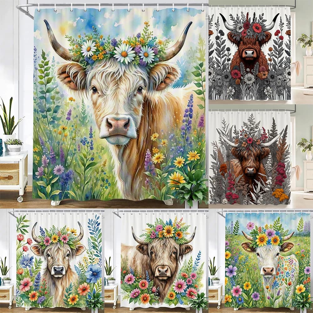 tenda da doccia con piante acquerello e animali mucca delle altissie Tende da bagno impermeabili in poliestere con stampa con gancio per decorare la tenda