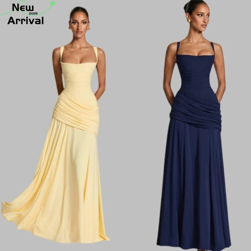 Abito lungo a trapezio giallo chiaro con scollo quadrato e arricciature, schiena allacciata, senza maniche, con spalline sottili, elegante per vacanze e serate, Nuovo 2026